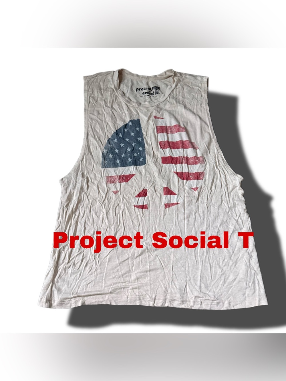 Project Social T White Tank with Red & Blue American Flag Skull Graphic